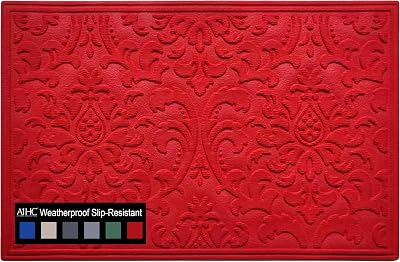 A1HC Durable Multi Purpose Door Mat, Heavy Duty Doormat, Indoor Outdoor, Easy Clean, Waterproof, All Weather, Patio, Garage, High Traffic Entrance, 24x36 Inches, Floral Red