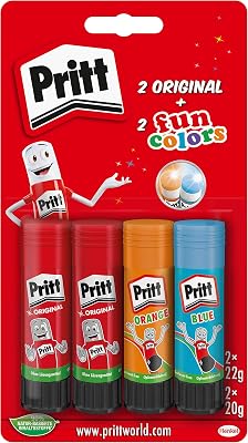 Pritt Glue Stick, Safe and Child-Friendly Glue for Arts and Crafts, Strong Adhesive for School and Office Supplies, 2 x 22g Original and 2 x 20g Colourful Pritt pens Blue, Orange, 9H PTFCS