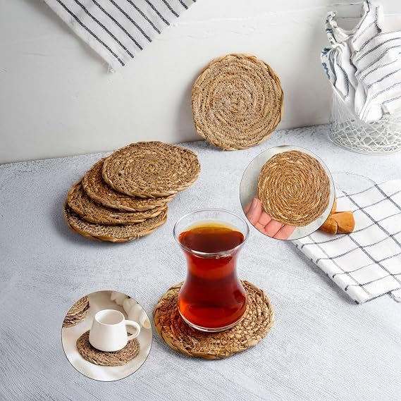 Deconox 6 Adet El Yapımı Yuvarlak Hasır Bardak Altlığı - Fincan, Çay ve Kupa Altlığı - 10cm