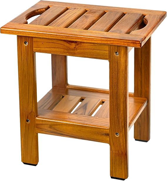 VaeFae Teak Small Shower Bench, 2-Tier Stool with Shelf & Non-Slip Feets