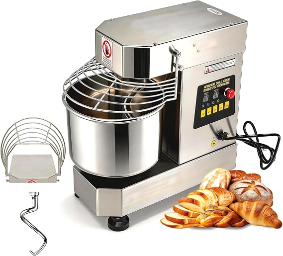 Commercial Food Mixer, 10.5Qt Capacity, 750W Dual Rotating Dough Kneading Machine with Food-grade Stainless Steel Bowl, Security Shield & Timer Included, Baking Equipment for Restaurant (Silver)