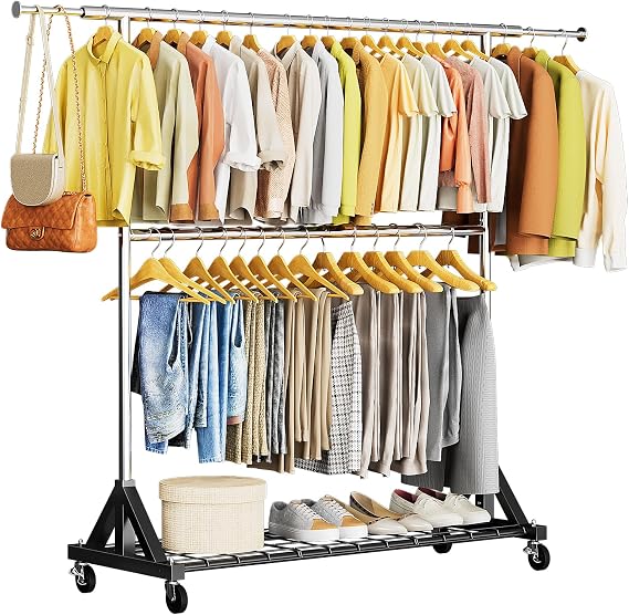 Heavy Duty Clothes Rack Load 600 LBS, Double Rod Clothing Rack, Rolling Garment Racks with Lockable Wheels, Shelves, Adjustable Laundry Hanging Racks for Clothes
