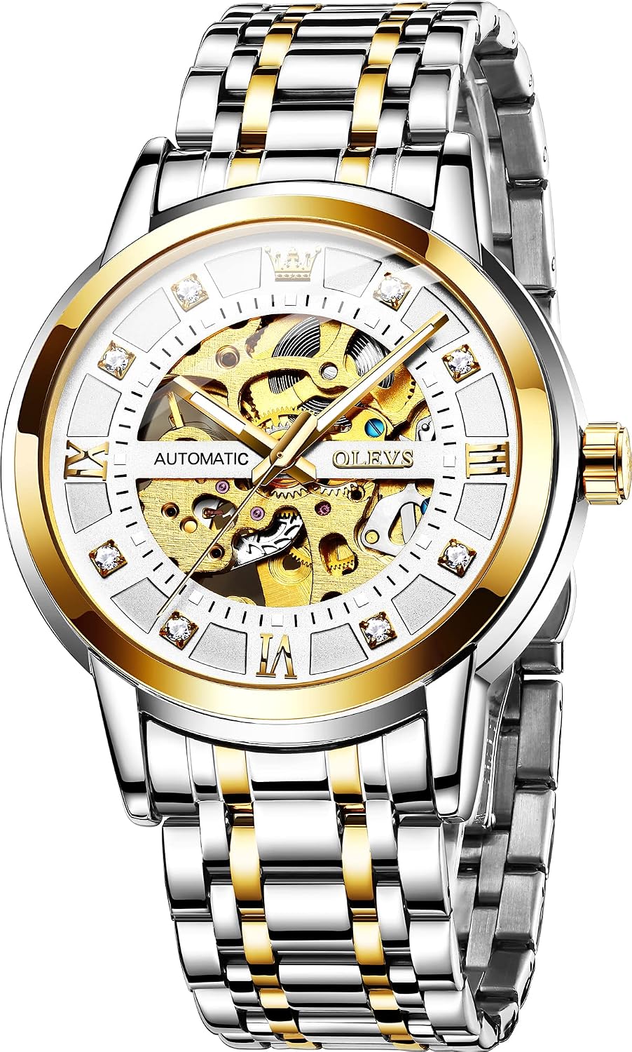 OLEVS Gold Skeleton Men's Automatic Mechanical Watches self Winding Luxury Dress Shiny Diamond Stainless Steel Waterproof Luminous Wrist Watches