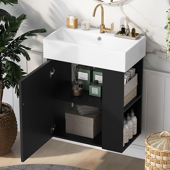 Merax 20" Bathroom Vanities with Sink Top, Wall Mounted Floating Sink Cabinet, Bathroom Cabinet with Doors & Side Storage, Soft-Close System, Black