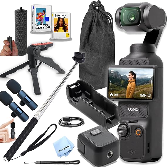 DJI Osmo Pocket 3,4K/120fps Vlog Camera, 3-Axis Stabilization, Face/Object Tracking, + 2pc Mic,Selfie Stick, Tripd, Grip, Software + More (Creator Bundle)