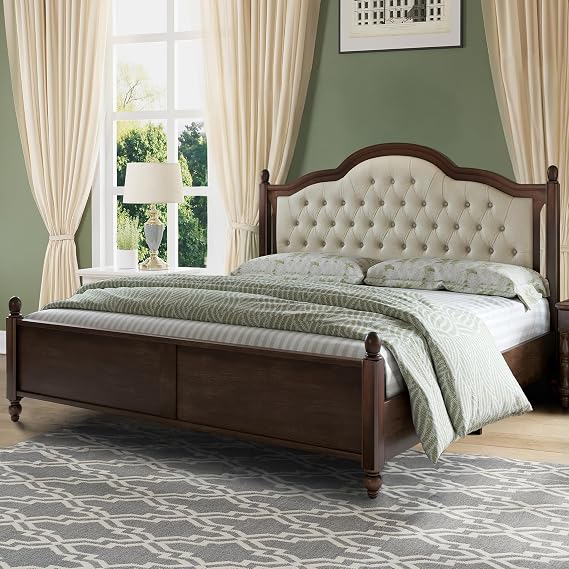 YUMPIE Solid Wood Transitional King Size Bed Frame with Tufted Headboard
