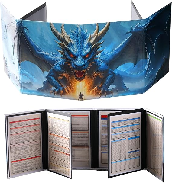 DND DM Screen 8 Panels with 3D Colorful Embossed Blue Dragon