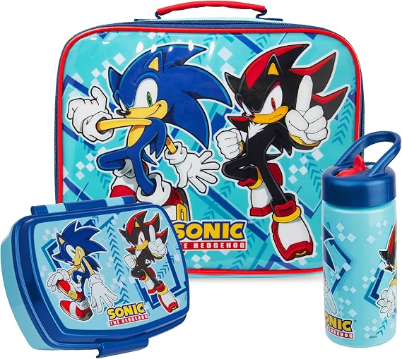 Get Trend Sonic the Hedgehog Kids Insulated Lunch Bag 3Pc Set with Reusable Lunch Box & 14.2-oz BPA-Free Water Bottle, Lightweight, Carry Handle & Name Card Window, Shadow Gifts for Boys(Multi Sonic)