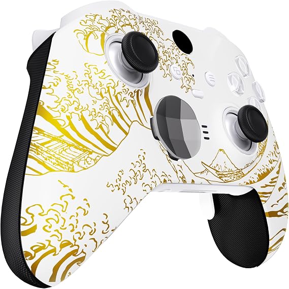 eXtremeRate Front Housing Shell for Xbox One Elite Series 2, Custom Faceplate with Accent Rings for Xbox Elite 2 Core Controller (Model 1797) - The Great Golden Wave Off Kanagawa (White)