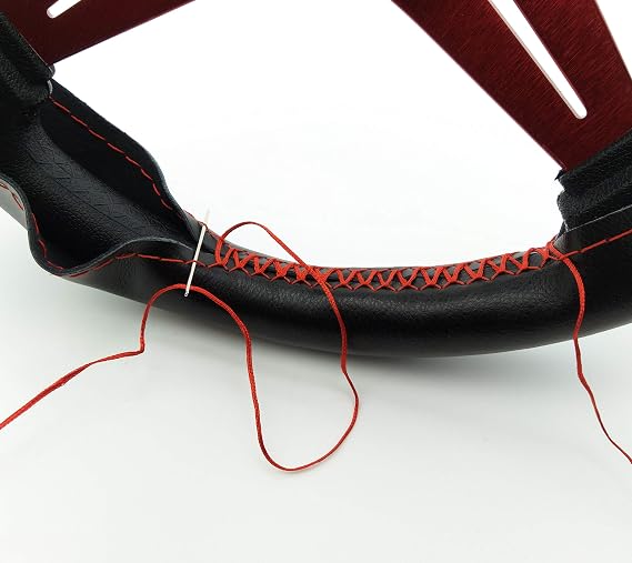 Black+Red Genuine Leather DIY Car Steering Wheel Cover with Needles and Thread