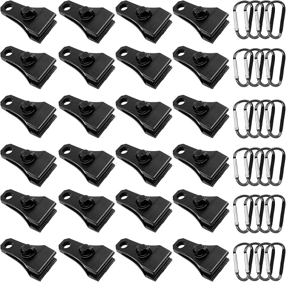 24Pack Large Tarp Clips Heavy Duty Lock Grip with 24 Pack Carabiner | Thumb Screw Tent Fasteners Clips for Camping Awnings Caravan Canopies Car Truck Pool Boat Cover Clips