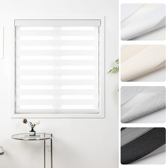 Cordless Zebra Blinds for Windows, Free-Stop Pull Down Roller Window Shades with Valance, Light Filtering Dual Layers Sheer Shades for Home and Office, White, Custom Size
