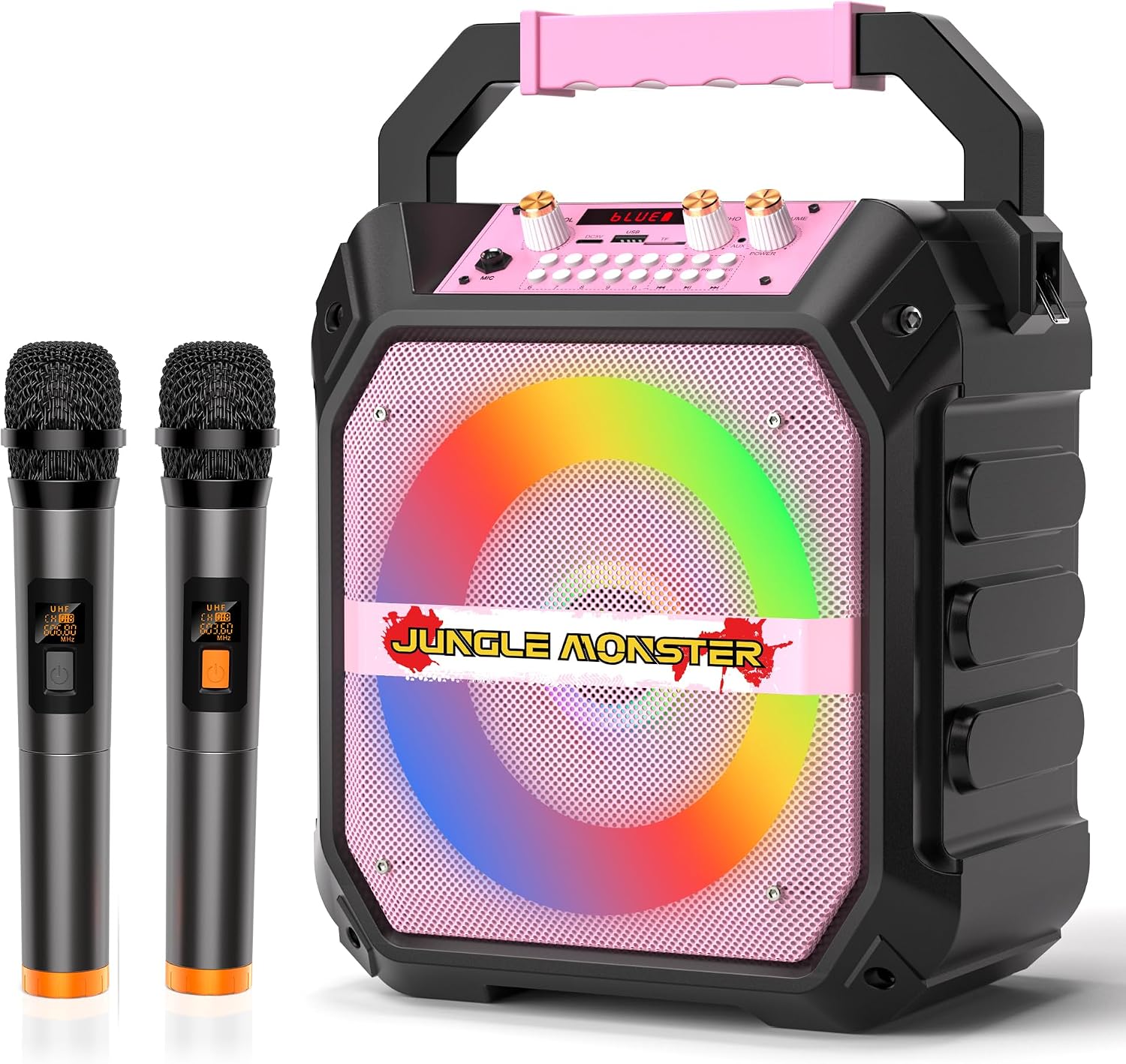 Portable Karaoke Machine for Adults with 2 Wireless Microphones, LED Lights Speaker with PA System, Supports TFSDUSB, AUX in, FM, REC -Upgrated Sound Quality-Pink