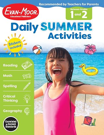 Evan-Moor Daily Summer Activities, Grade 1-2 Workbook, Stickers, Prevent Learning Loss, Reading, Writing, Math, Phonics, Spelling, Nouns, Verbs, Synonyms, Handwriting, Word Problems, Geography, Maps