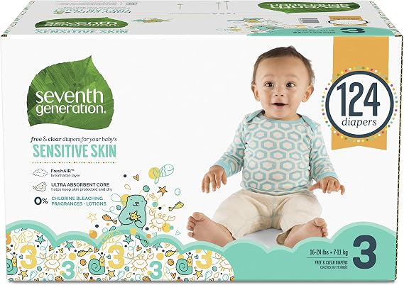 Seventh Generation Baby Diapers for Sensitive Skin, Animal Prints, Size 3, 124 count (Packaging May Vary)
