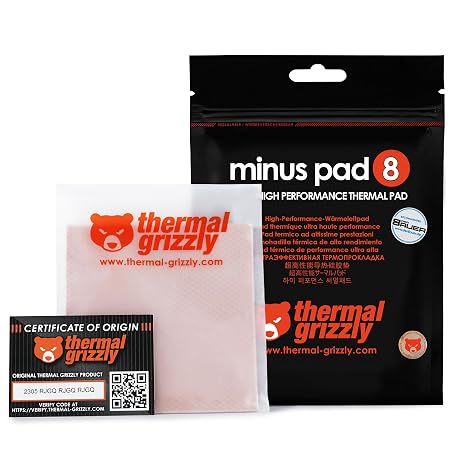 Thermal Grizzly - Minus Pad 8 (100 x 100 x 1,5 mm) – elektrikli, iletken olmayan ısı iletim pedi, yüksek ısı iletkenliği ve sıkıştırılabilirlik, SSD'ler, GPU'lar, konsollar ve elektronik cihazlar için