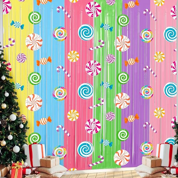 Blosssound 2 Packs Candyland Foil Fringe Curtain Colorful Candy Backdrop