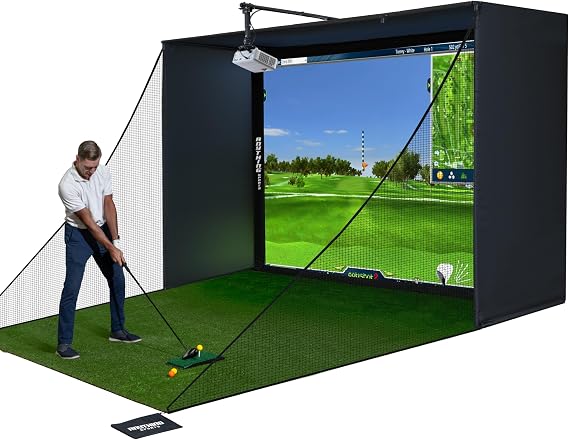Complete Golf Simulator Enclosure Package 4K-Ready Impact Screen with Blackout Cage, Projector Mount, Frame Poles, Side Shank Nets | Indoor & Garage Practice | Easy Setup |