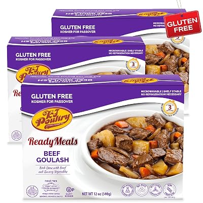 KJ Poultry Kosher for Passover Gluten Free Meals, Beef Goulash Stew with Vegetables 3 Pack Prepared Entree Fully Cooked, Shelf Stable Microwave Dinner, Travel, Military, Camping, Emergency Survival