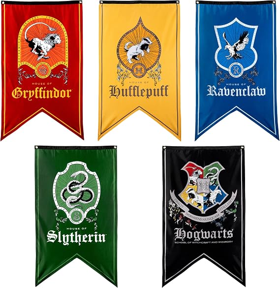 ConQuest Harry Potter 30'' x 50'' Wizarding House Flags | Set of 5 Banners, 300D Oxford Cloth, Banners for Birthday Parties, Dorm Decorations, Wall Decor, Officially Licensed