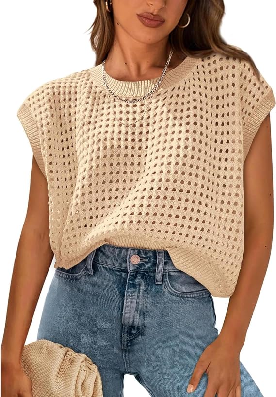 Kumufenc Women's Crochet Tops Cap Sleeve Summer Beach Vacation Cover Ups Knit Pullover Tank Tops