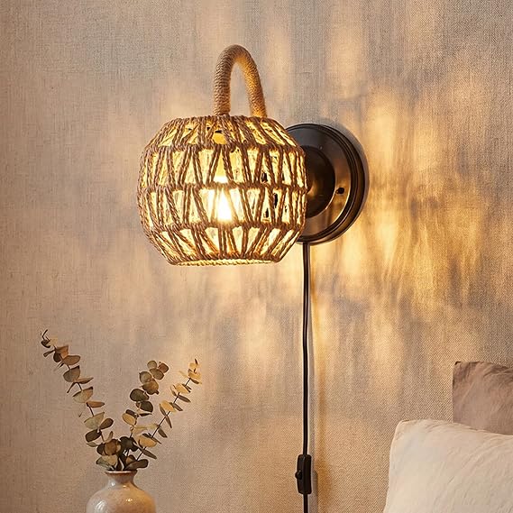 Rattan E27 duvar lambası, şalterli, fişli, duvar aydınlatması, iç mekan için, yaratıcı, vintage duvar lambası, endüstriyel, siyah, demir (ampulsüz), yatak odası, oturma odası için (A) [Enerji Sınıfı A+++]