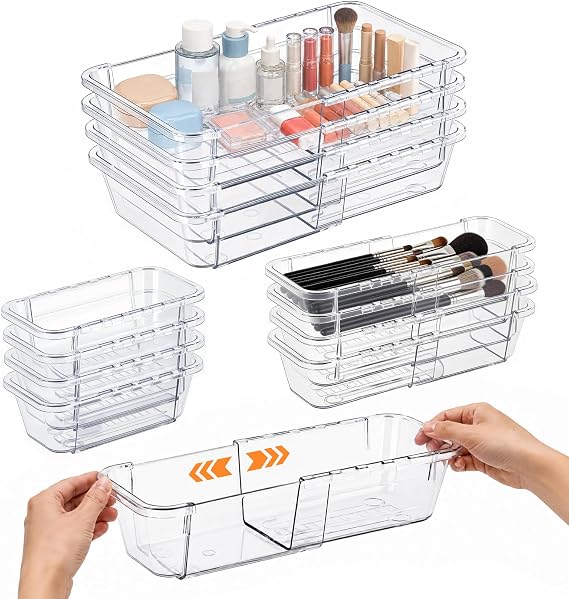 Desk Drawer Organiser,12 Pack Expandable Drawer Organizer Set, 2-Size Versatile Clear Kitchen Storage Box Trays, for Makeup, Office, Utensils, Gadgets and Bathroom, Cosmetics, Toiletries, Jewelry