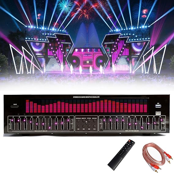 31-Band Digital Equalizer with Remote Control Audio Cable 12 Rhythm Patterns Automatic Noise Reduction and LED Spectrum Analyzer for Recording Studio