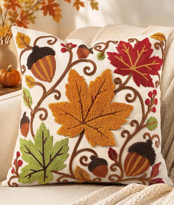 Fall Embroidered Throw Pillow Cover 18x18 Inch, Maple Acorn