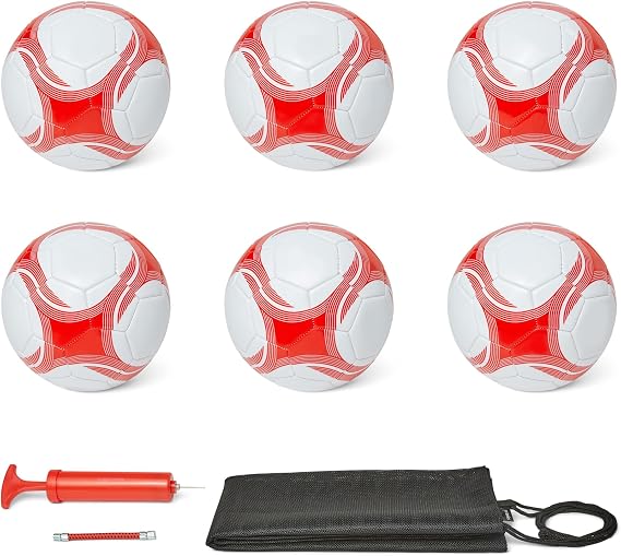 Amazon Basics Soccer Ball with Pump - Training Ball, Durable PVC Construction, Butyl Chamber, Indoor and Outdoor Use, Machine-Stitched Practice Ball, White and Red