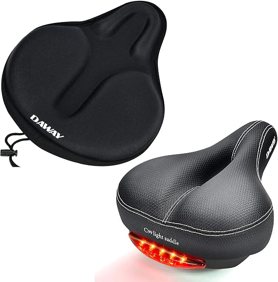 DAWAY C99 Comfortable Wide Bike Saddle and C6 Black Soft Gel Foam Padded Large Bicycle Seat Cover for Men Women, Universal Fit for Outdoor Indoor Exercise Bikes