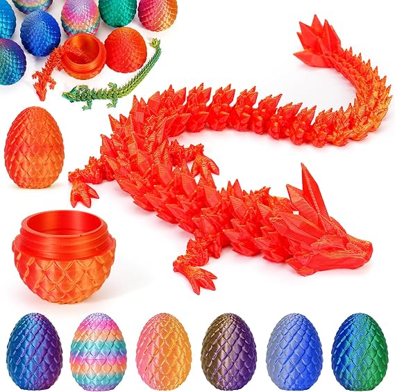 3D Printed Dragon Egg with Articulated Crystal Dragon Inside -Surprise Dinosaur Egg Fidget Toys for Kids 8-12 5-7 4-6, Unique Prefilled Easter Basket Stuffers for Kids Teens(Laser Red Gold)