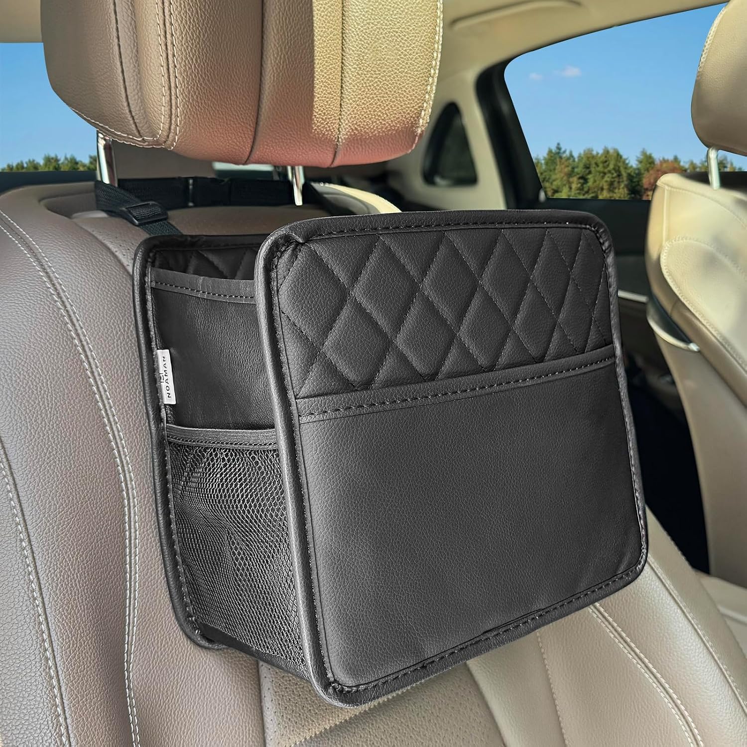 Noaman PU Leather Car Seat Storage Organizer with 3 Pockets Backseat Car Organiser for Kids 2 in 1 Car Trash Bin Bag Can 8 Liters Large Capacity Multifunction Car Essentials interior Accessories Black