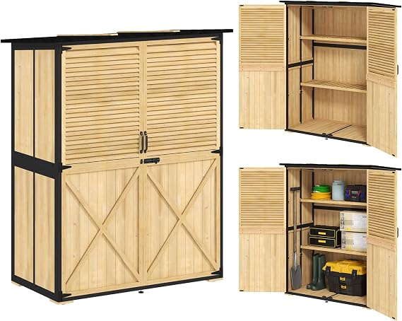 Outsunny Outdoor Storage Cabinet, Wood Garden Tool Shed with Lock, Natural | Steel Frame, Asphalt Roof, Garden Storage Shed, Adjustable Shelves and Feet, for Patio Backyard Lawn