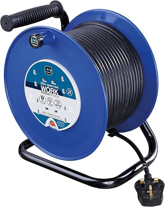 Masterplug HDCC5013/4BL 50m 4 Socket 13 Amp Open Cable Reel with Thermal Cut Out and Reset Button