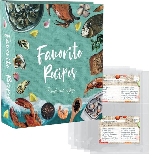 Recipe Binder (Seafood) & Extra 25 Recipe Card Plastic Sleeves