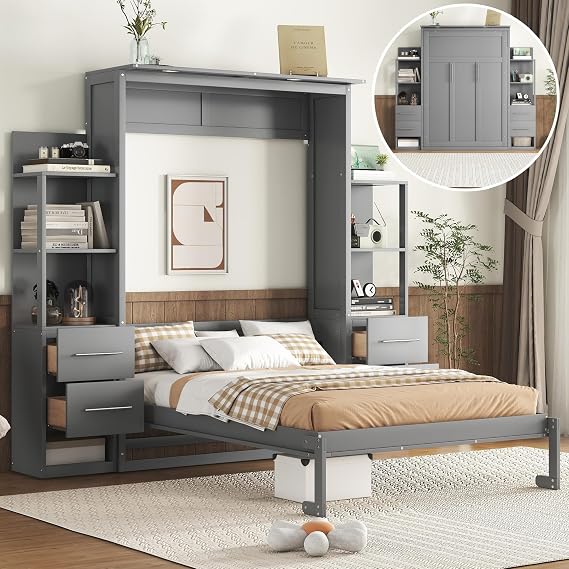 Full Size Murphy Bed Wall Bed with Shelves, Drawers and LED Lights,Wood Wall Bed can be Folded into a Cabinet, Modern Foldable Bed Frame for Multipurpose Guest Room or Home Office (Gray#065)