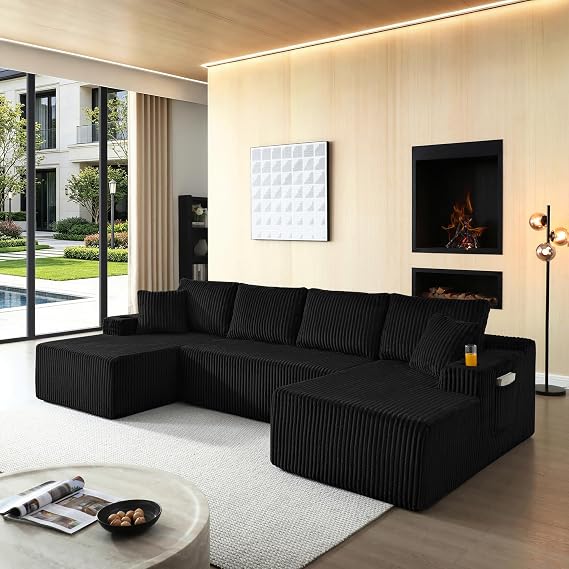 124" U-Shaped Boneless Couch, Cloud Modular Sectional Sofa,Black