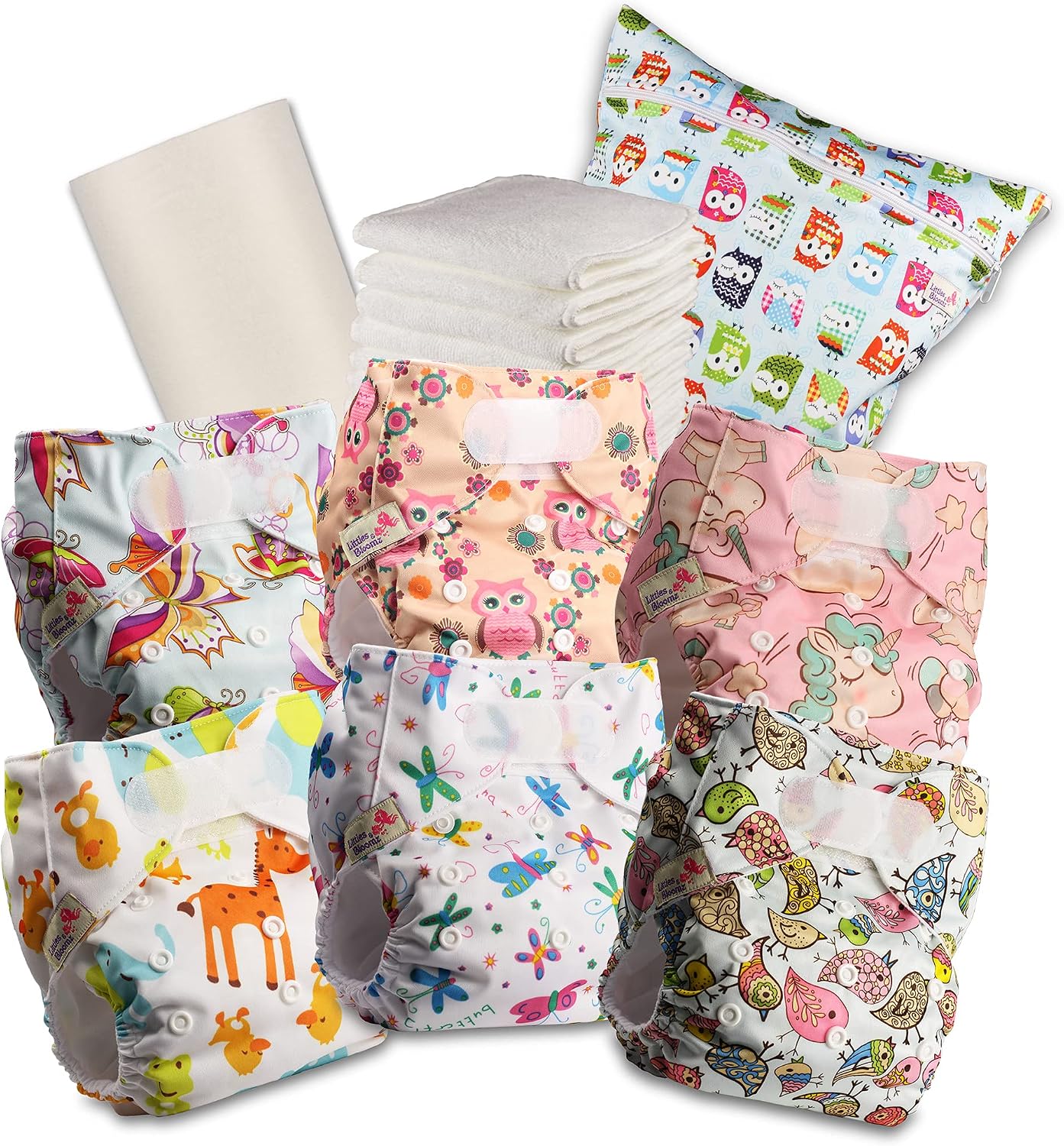 Littles & Bloomz Reusable Nappies – Pocket Cloth Nappy with Hook & Loop Fastening, 6 Nappies + 6 Microfibre Inserts, Bamboo Liner & Wet Nappy Bag 603VM6
