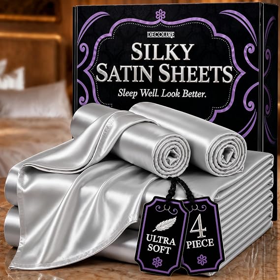 DECOLURE Satin Bed Sheets - 4 Piece Luxury Silky Queen Size Bedding Set - Softer Than Silk, Wrinkle-Free with 15 Deep Pocket Fitted Sheet, Perfect for Hair & Skin, Gifts for Women (Grey)