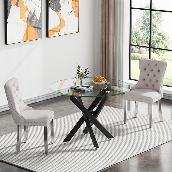 Round Glass Dining Table Set for 2, Small Glass Kitchen Table and Chairs Set of 2, 35" Round Dining Table with with Beige Velvet Chairs, 3 Piece Dining Table Set for Breakfast Dinette Cafe Office