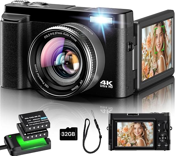 Digital Camera 4K, 48MP 16X Autofocus Digital Zoom Photo Camera, 3 Inch 180° Flip LCD Screen Compact Vlogging Photography Camera with Charging Station, 2 Batteries, 32GB Card for Children, Beginners