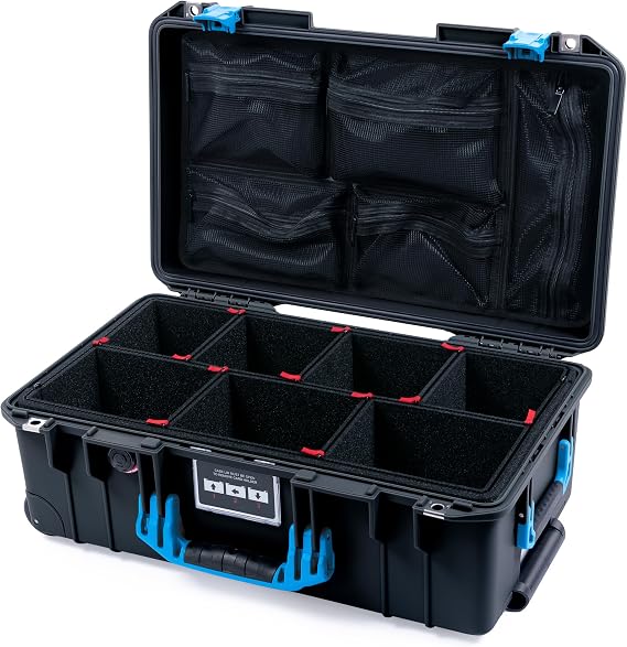 Pelican Air 1535 Carry-on Case by ColorCase - Black - Medium Size Waterproof Case with TrekPak Divider System & Mesh Lid Organizer - Blue Handles & Latches