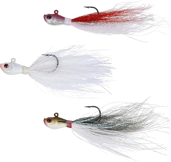 Bucktail Jigs 3 Pack Hand-Tied Bucktail Hair Fishing Lures | Unique Gliding Head | Saltwater & Freshwater | Striper, Bass, Flounder, Walleye, Fluke | Multiple Weights Available