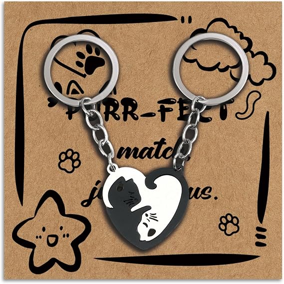 Valentines Day Matching Cat Couple Keychain with Card Gifts for Him Her Friendship Birthday Christmas 2pcs Gift for Girlfriend Boyfriend Best Friend Fiancee Gift for Dating Anniversaries