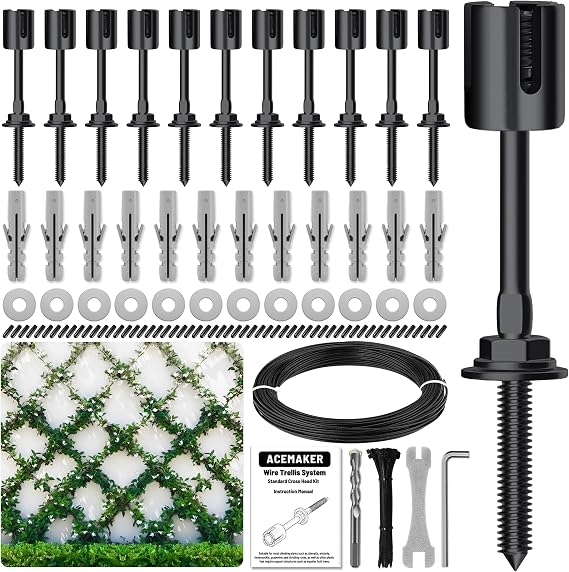 Wire Trellis Kit, 12-Set 1/8” Black Crosshead Kit with 53ft Cable