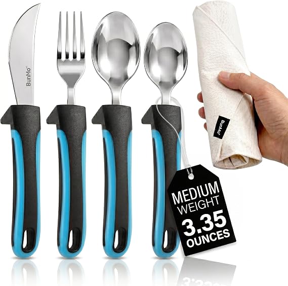 BUNMO Adaptive Utensils for Elderly | Blue Adaptive Weighted Utensils for Hand Tremors, Parkinsons, Arthritis | Handicap Silverware Built Up Flatware for Adults | Assistive Eating Cutlery
