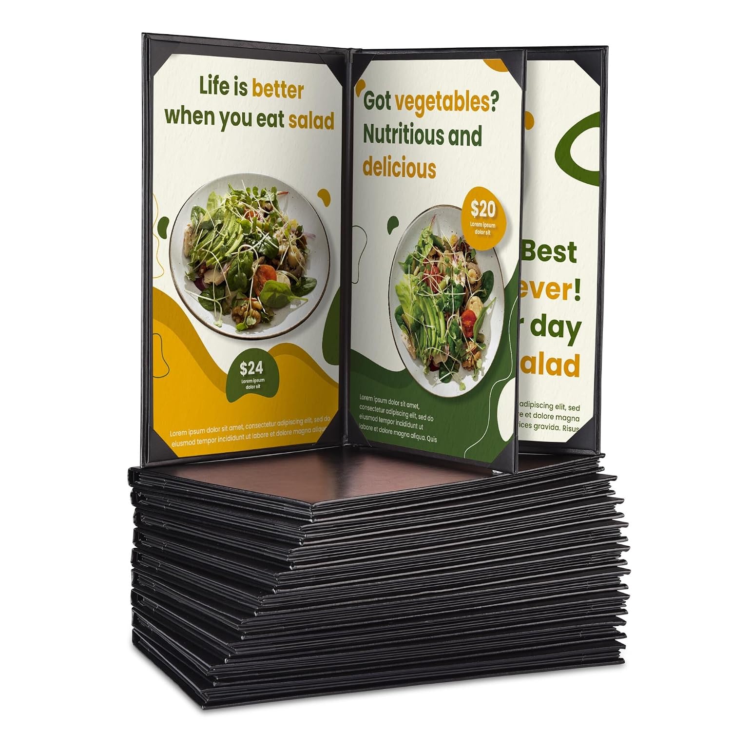 WeChef 10 Packs Menu Covers 8.5x14 4 Views Leather Book Style Menu Holders with Exterior Album Corner Pages Restaurant Cafe Bars Black