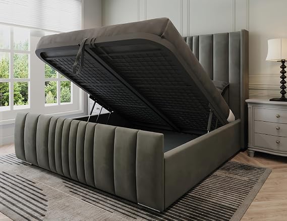 Manhattan King Size Bed Frame with Storage, Modern Velvet Ottoman King Size Beds with storage, Luxury Frame with Mesh Metal Base & 48" Headboard, Storage Bed in Grey Plush