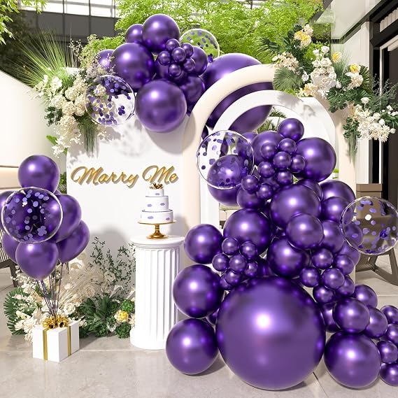 SUWEN 60PCS Metallic Purple and Confetti 18/12/10/5 Inch Balloons Set